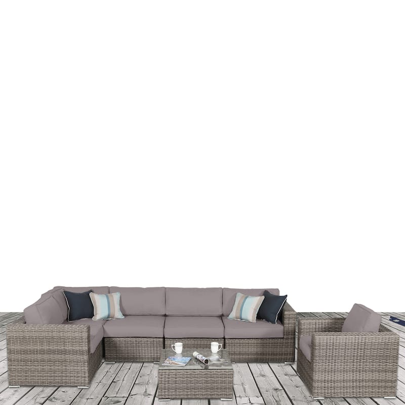 LSI 7 Piece Rattan Sunbrella Sectional Seating Group with Cushions On