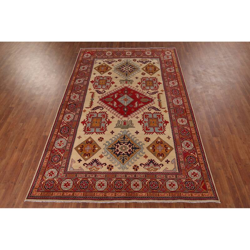 Hand Knotted Oriental 100% Wool Carpet Traditional Geometric Yellow & Gold Kazak Area Rug - 9' 8'' X 6' 5''