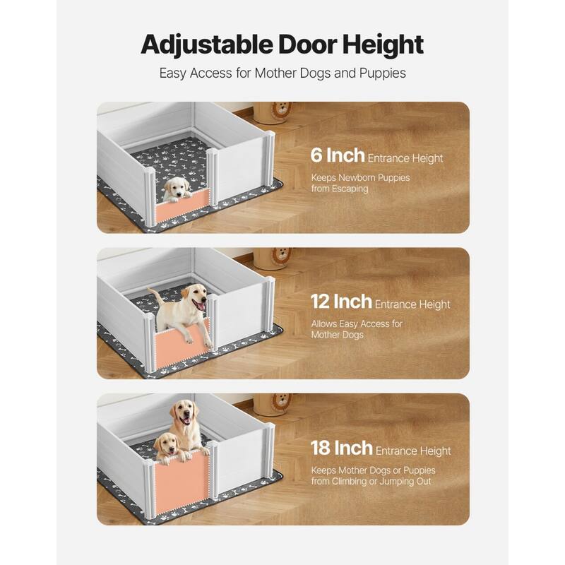 Grey PVC Whelping Box for Large Dogs with 3 Doors and Waterproof Pee Pad