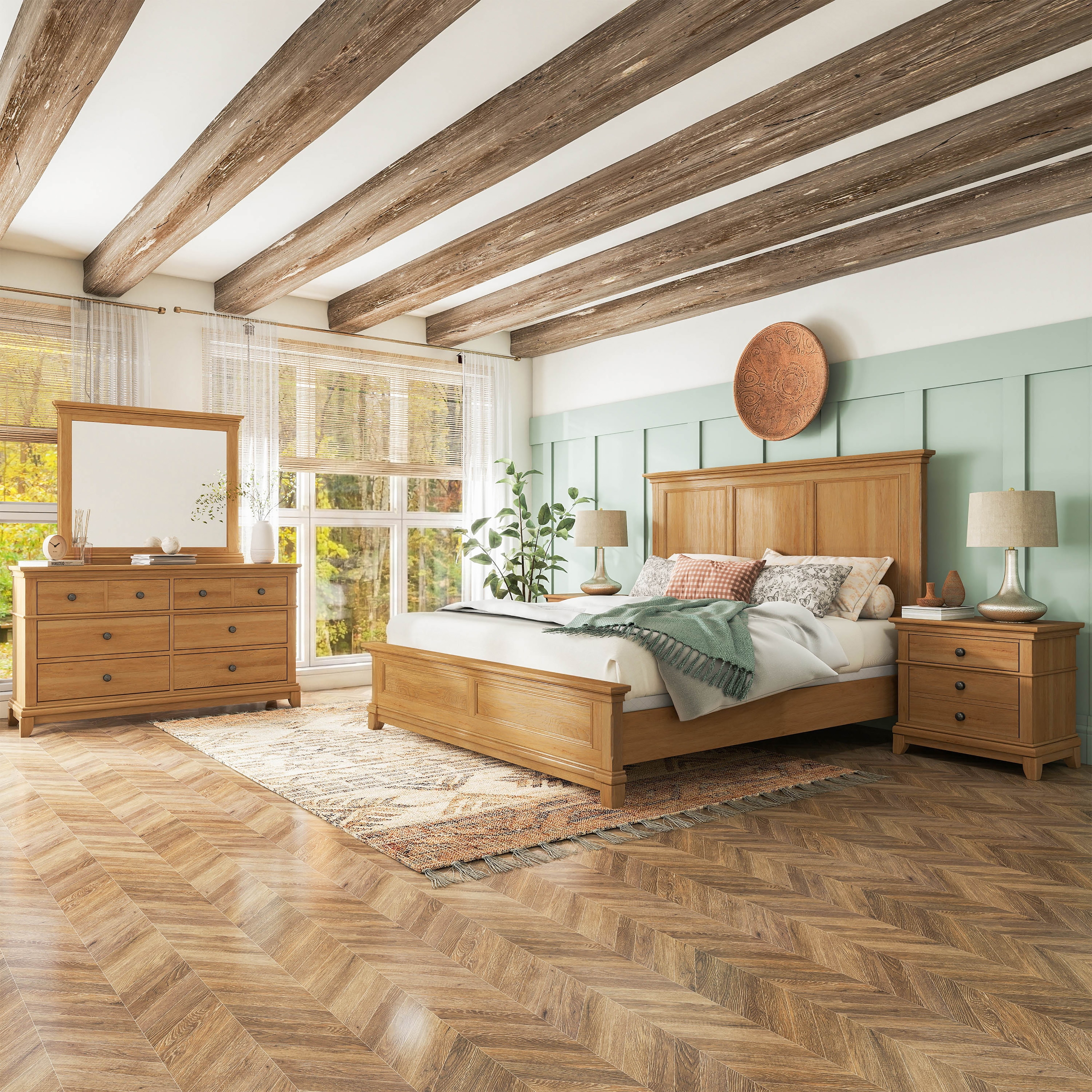 Furniture of America Wellington Farmhouse 5-Piece Natural Oak Solid Wood Panel Bedroom Set