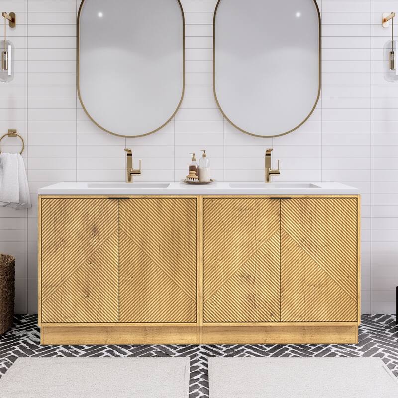 Milano 72" Freestanding Bathroom Vanity with Double White Sink - 70.86" x 19.49" x 35.46'' - Oak