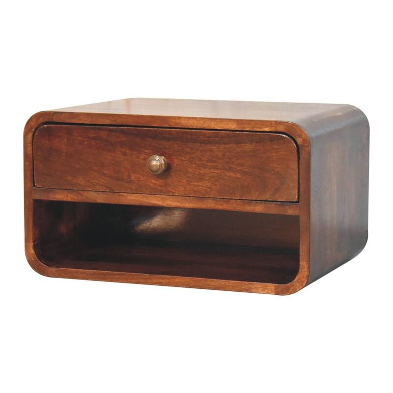 Solid Wood Curved Wall-Mounted Bedside Table with Drawer and Open Shelf in California Walnut