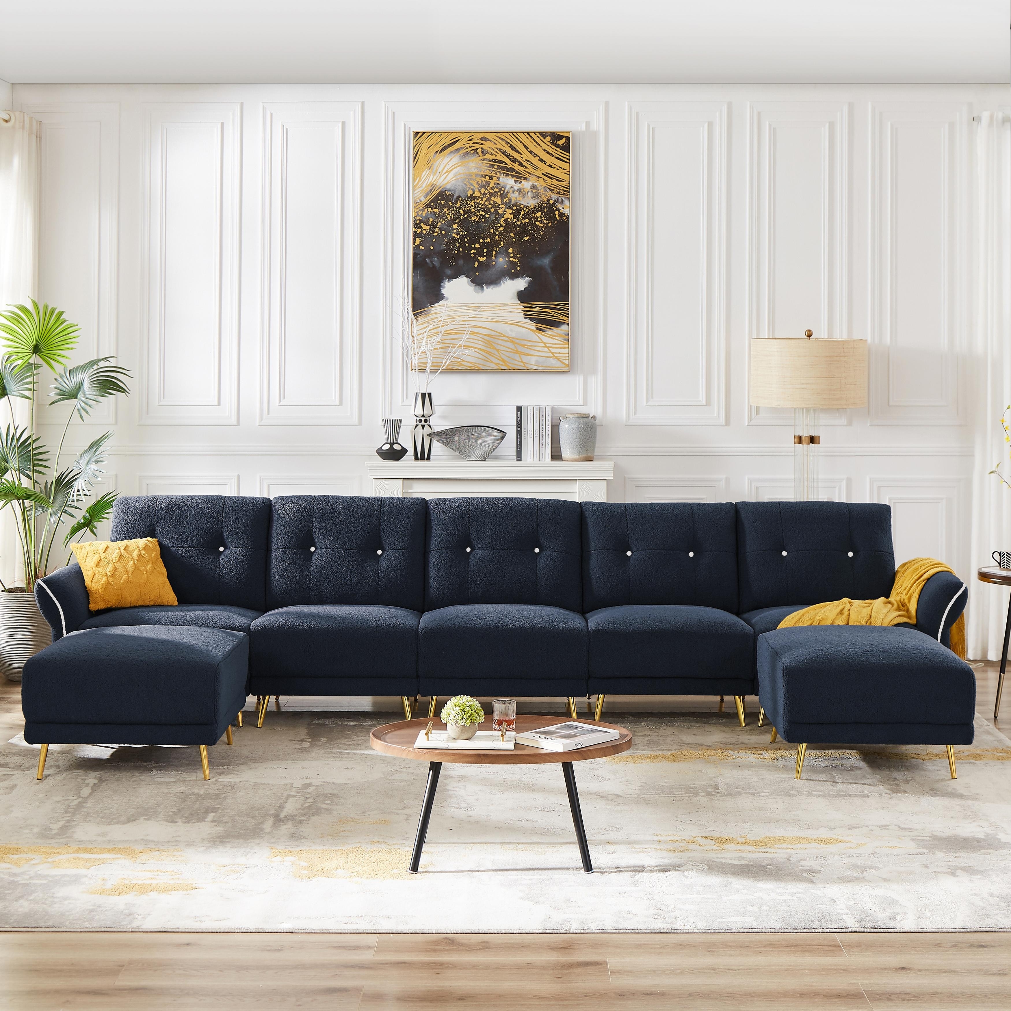 Large Modular Sectional Sofa Sherpa Fabric 5 Seater with 2