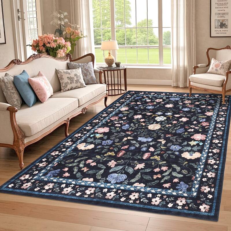 Garvee Farmhouse Distressed Floral Vine Area Rug