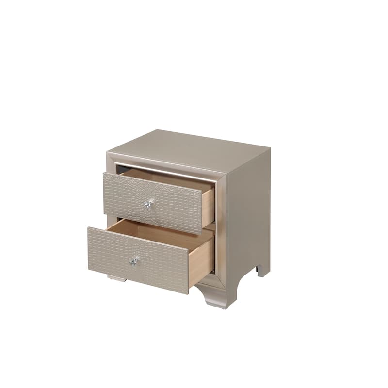Modern Glam 1pc Champagne Nightstand w/ 2 Drawers & Embossed Crocodile Pattern for Bedroom - Champagne