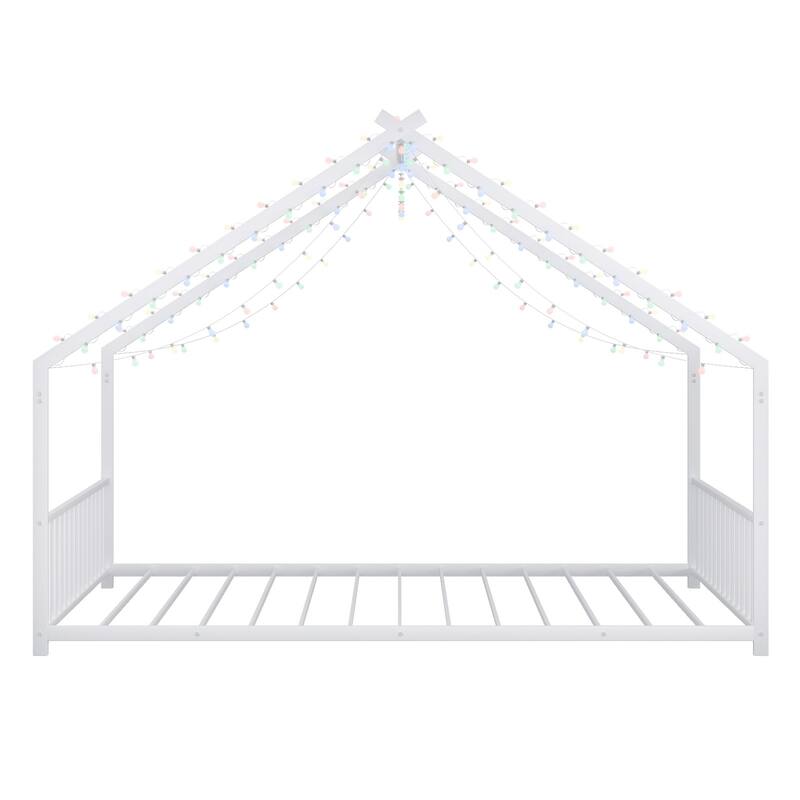 Full Size Kids LED Roof Bed Frame with Light Strips, Sturdy Iron Construction, White
