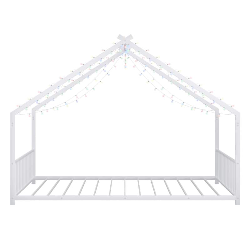 House-shaped Bed Frame, Toddler Kid Iron Floor Bed with House Roof Frame and LED Light Strips, House Daybed