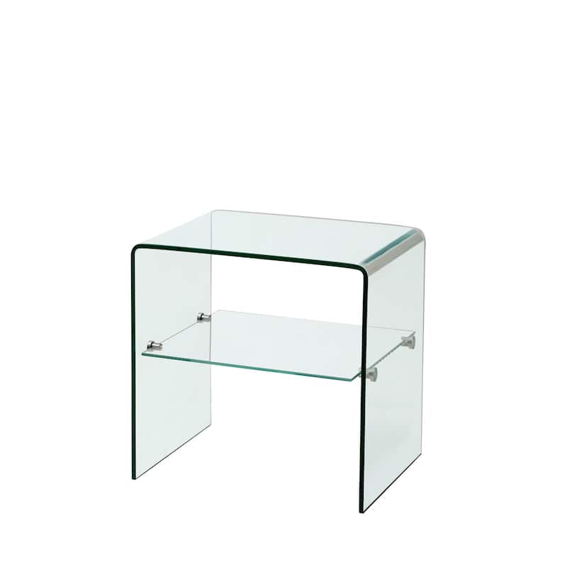 Waterfall 12mm Tempered Bent Glass End Table with Shelf - Glass