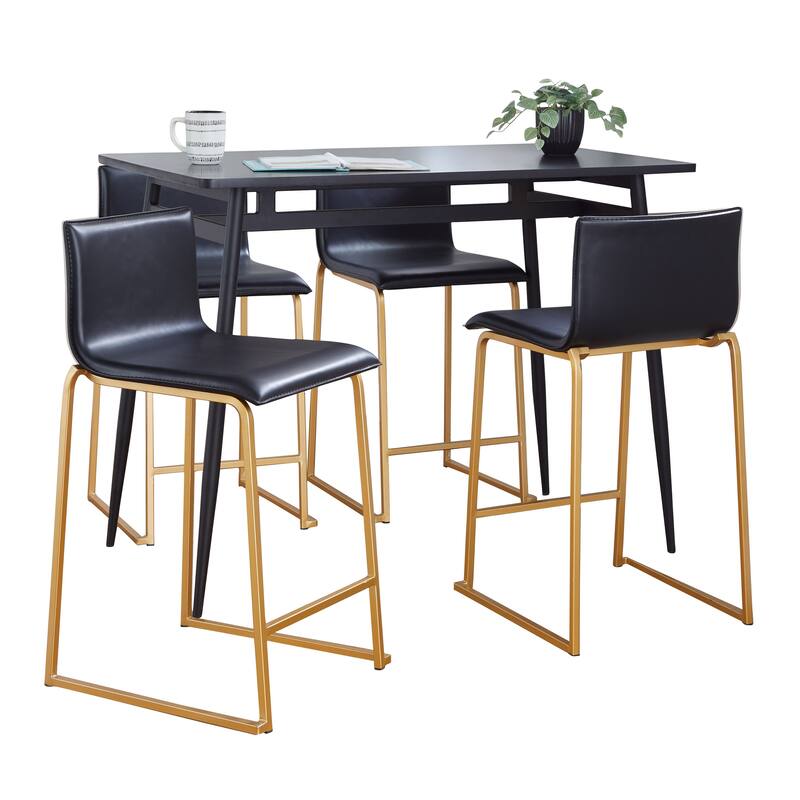 Porch & Den Naldi-Mara Upholstered 5-Piece Counter Height Dining Set - Black Faux Leather/Gold & Black Metal/Black Wood