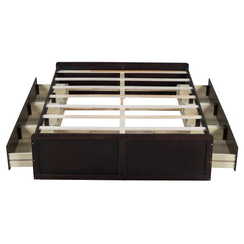Wood Queen Size Platform Bed Frame with 6 Drawers