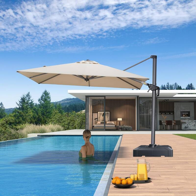 PURPLE LEAF 8ft Patio Umbrella with Base for Pool Outdoor Cantilever Umbrella Swimming Pool Umbrella with 360°Rotation - Beige