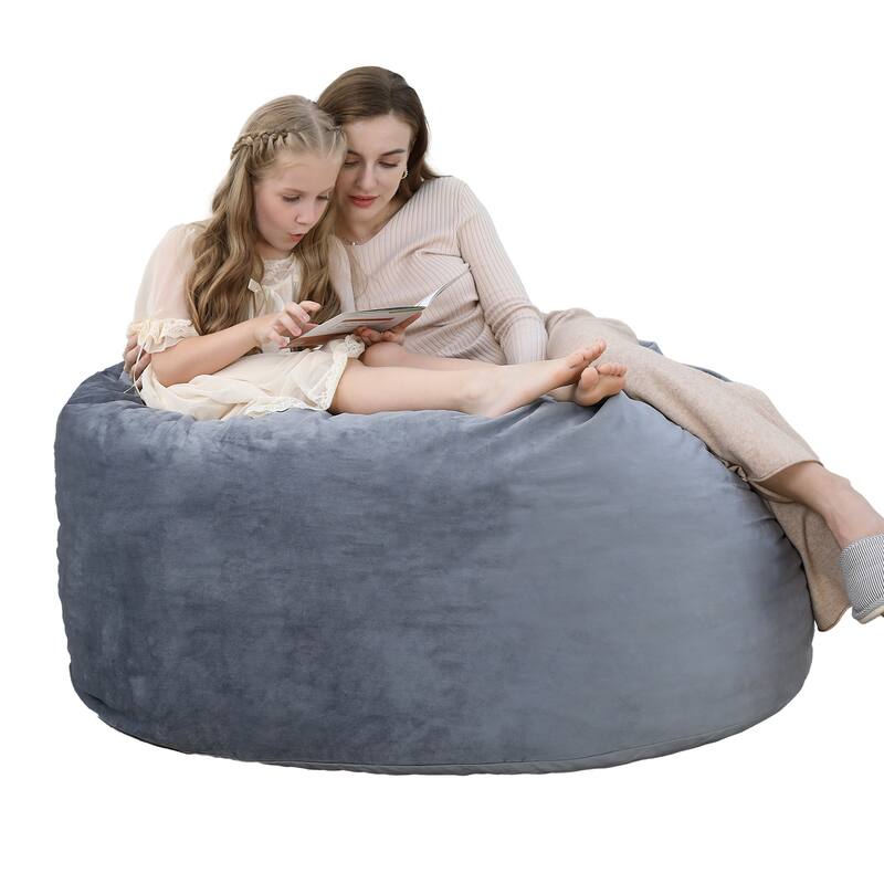 Bean Bag Chair 4FT Foam Filled, Removable Velvet Cover, Giant Bean Bag Chairs, Round Sofa Chair for Bedroom Gaming Room - Grey - Medium