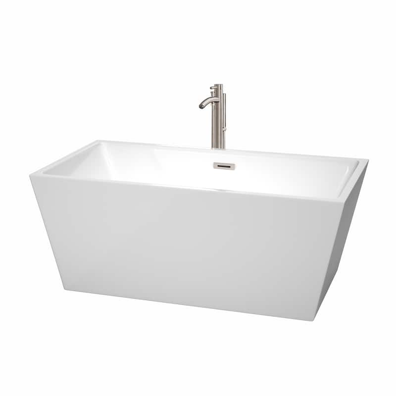 Wyndham Collection Sara 59-inch White Freestanding Soaking Bathtub - White, Brushed Nickel Trim & Faucet