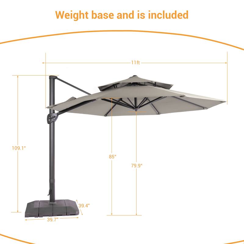 LIVOOSUN 11Ft Double Top Patio Hanging Octagon Cantilever Umbrella with 360-degree Rotating Canopy, Red