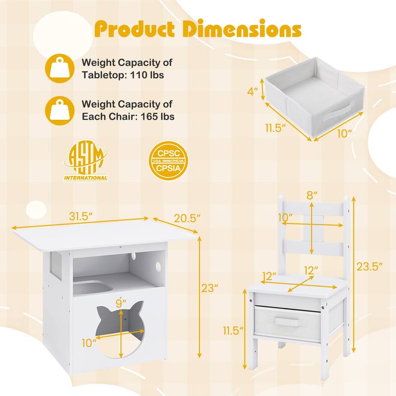 White Kids Table and Chair Set with Storage Bins Cat Shaped 2 in 1 Play and Study Furniture for Playroom or Bedroom