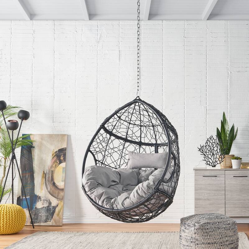 Modern Rattan Egg Chair with Water-Resistant Tufted Cushion, Teardrop Hanging Basket Chair, Wicker Swing Chair