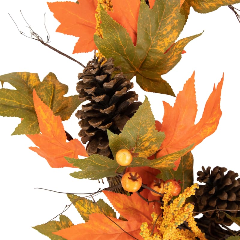 Orange Fall Leaves Pinecones Berries Artificial Wreath 24"