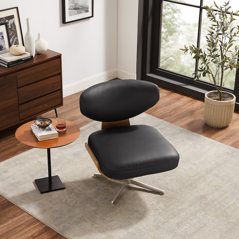 Art Leon Genuine Leather and Wood Swivel Accent Chair