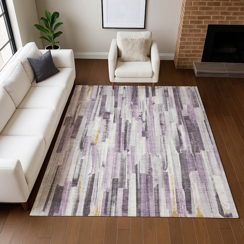 Machine Washable Indoor/ Outdoor Modern Stripes Chantille Rug