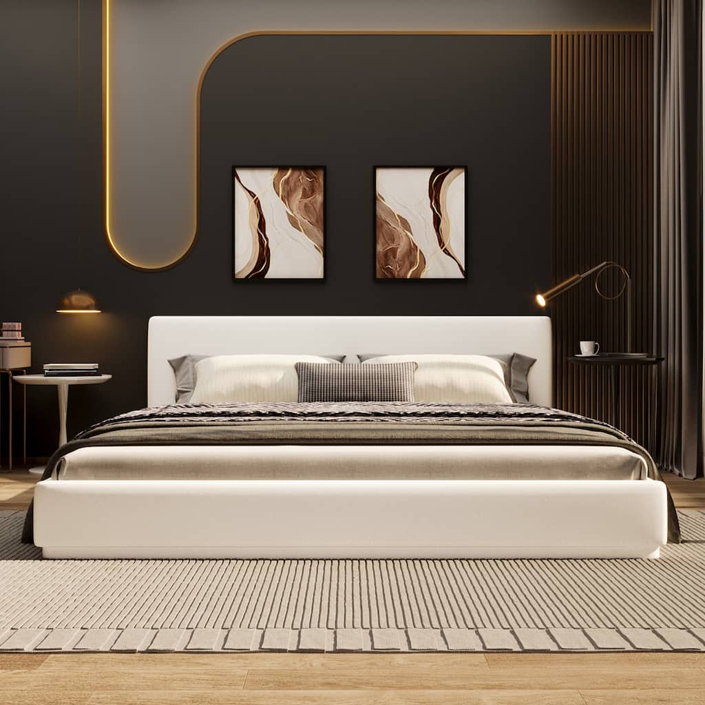 White Upholstered Platform Bed with Padded Headboard
