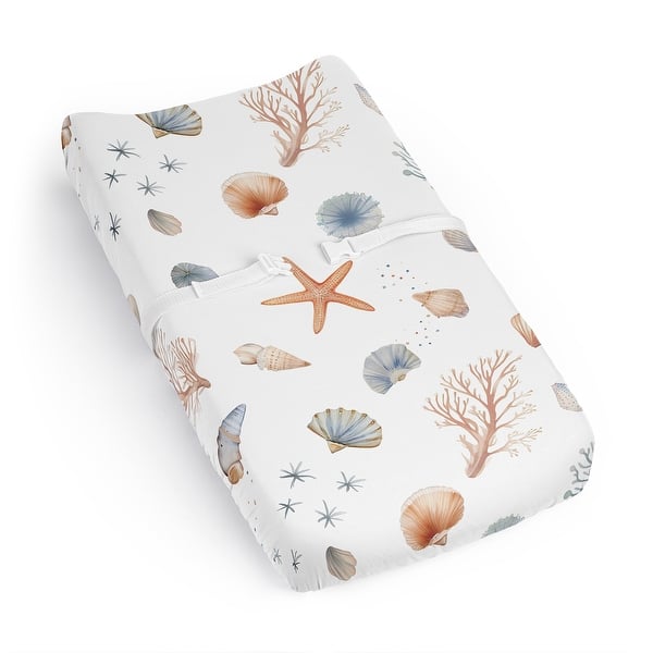 slide 2 of 6, Sweet Jojo Designs Ocean Seashells Boy, Girl, Unisex/Gender Neutral Changing Pad Cover Sheet - Nautical Beach Theme Coastal Sea