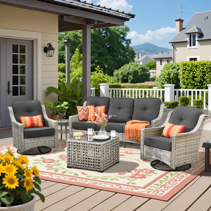HOOOWOOO 5-piece Rattan Wicker Outdoor Conversation Set with Swivel Chair and Coffee Table