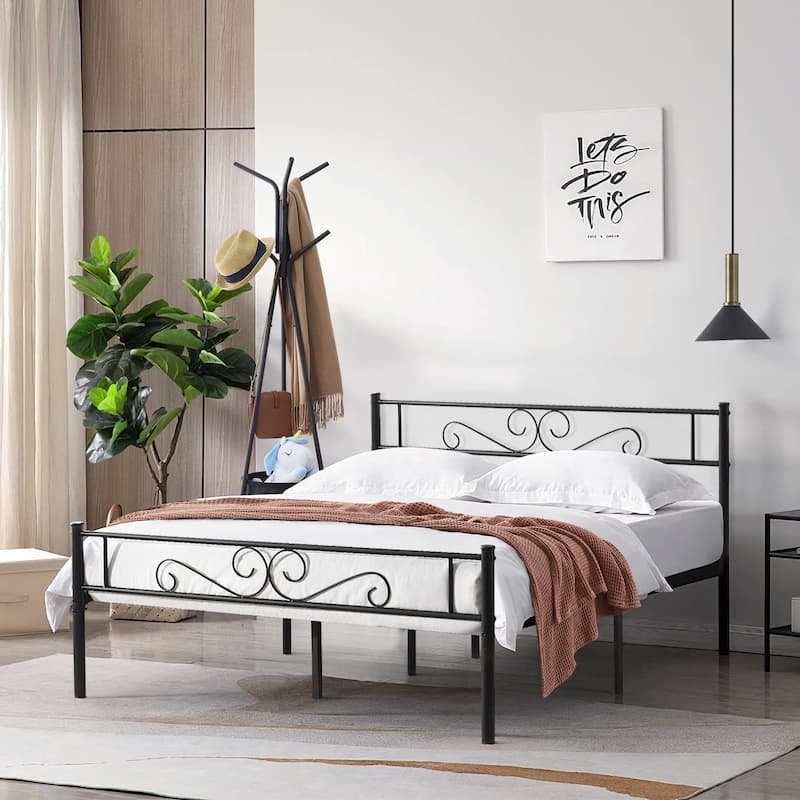 Modern Platform Bed Frame with Premium Graceful Scroll Headboard Twin/Full/Queen
