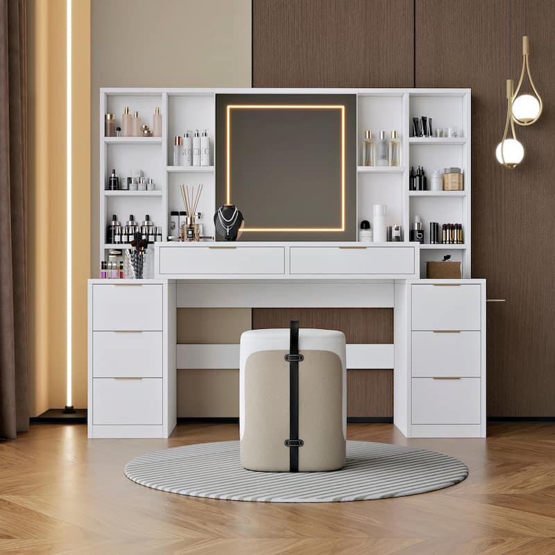 Makeup Vanity Desk with Mirror and Lights, 59" Large Vanity Table with 8 Drawers & Open Storage Shelves