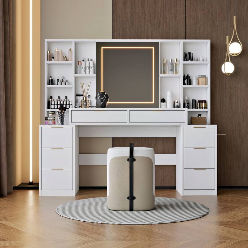 Vanity Desk with LED Light Mirror, Large Dressing Table with 8 Drawers & Open Shelves, 3 Color Mode Brightness Adjustable