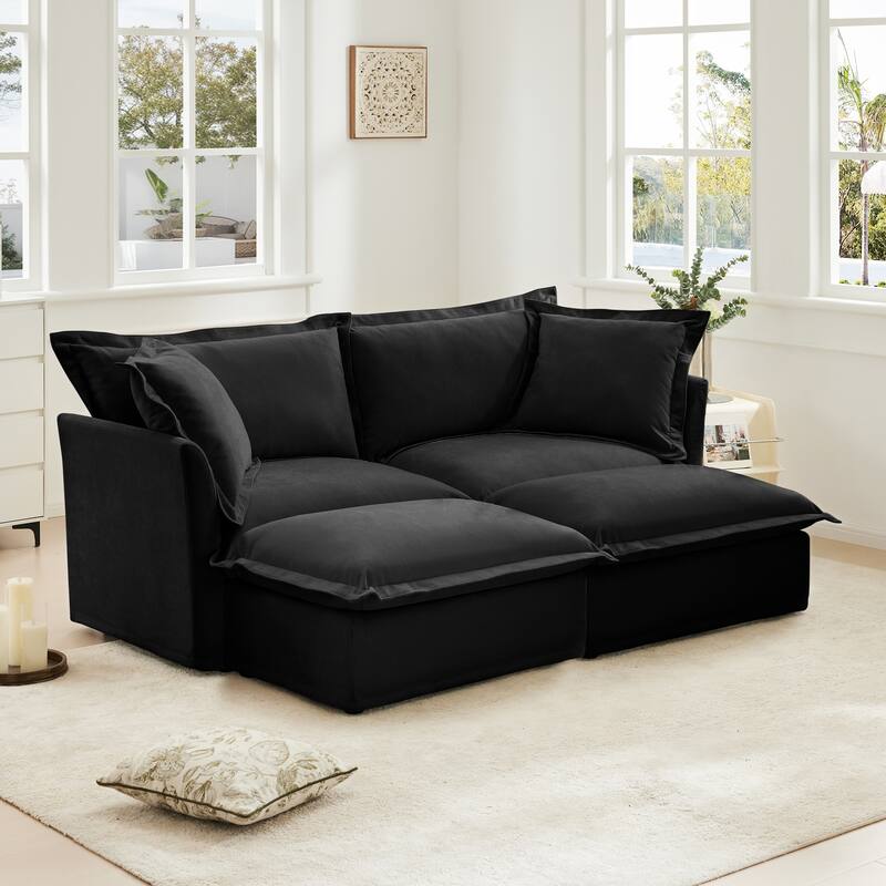 Slipcovered Chenille 2-Seater Sleeper Sofa with 2 Ottomans
