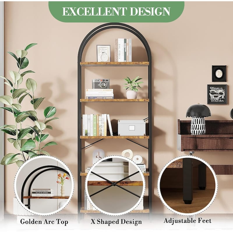 5-Tier Arched Bookshelf, Tall Wood Bookcase with Metal Frame, Modern Storage Rack for Living Room, Bedroom, or Home Office