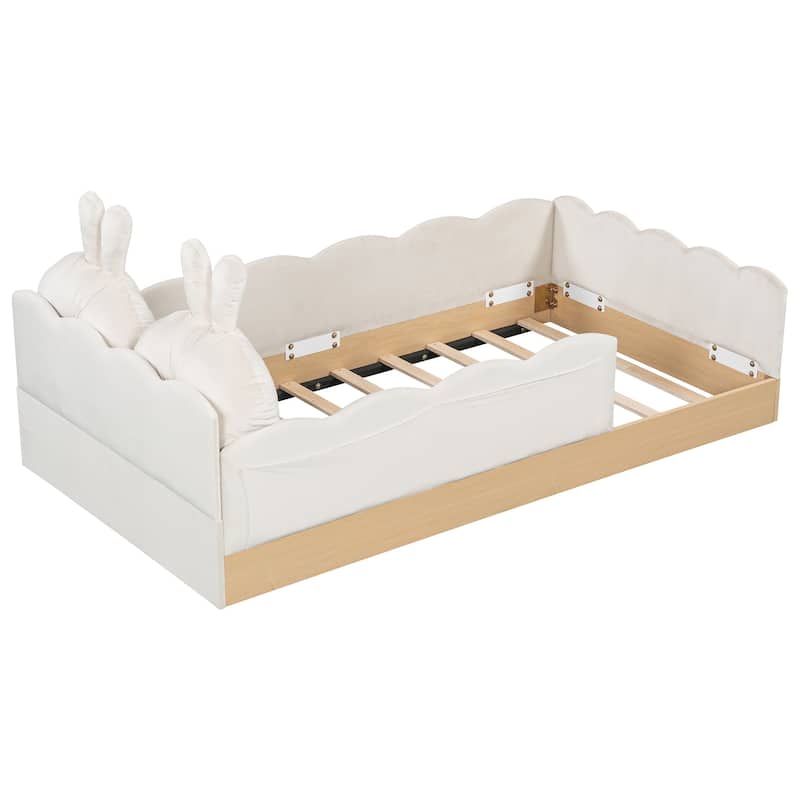 Twin Size Upholstered Bed with Bunny Ear Shape Pillows and Rabbit Tail Footboard, Storage Bags, Wave Frame Platform Bed