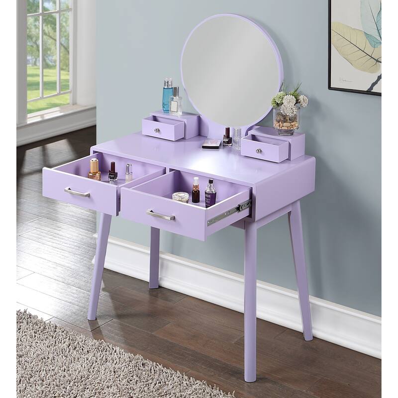 Liannon Contemporary Wood Vanity and Stool Set,Round Mirror