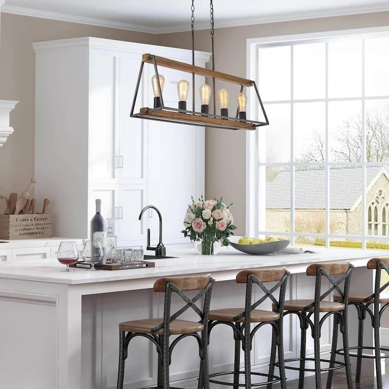 Farmhouse 5-Light Linear Chandelier Wood Grain Island Pendant for Kitchen Island Dining Room