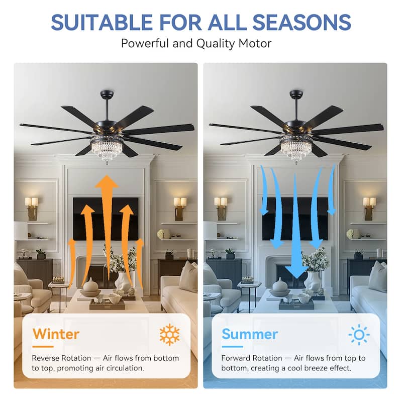 52" or 62" Crystal Ceiling Fan Chandelier with Lights,Remote Control, Timer,Reversible Motor