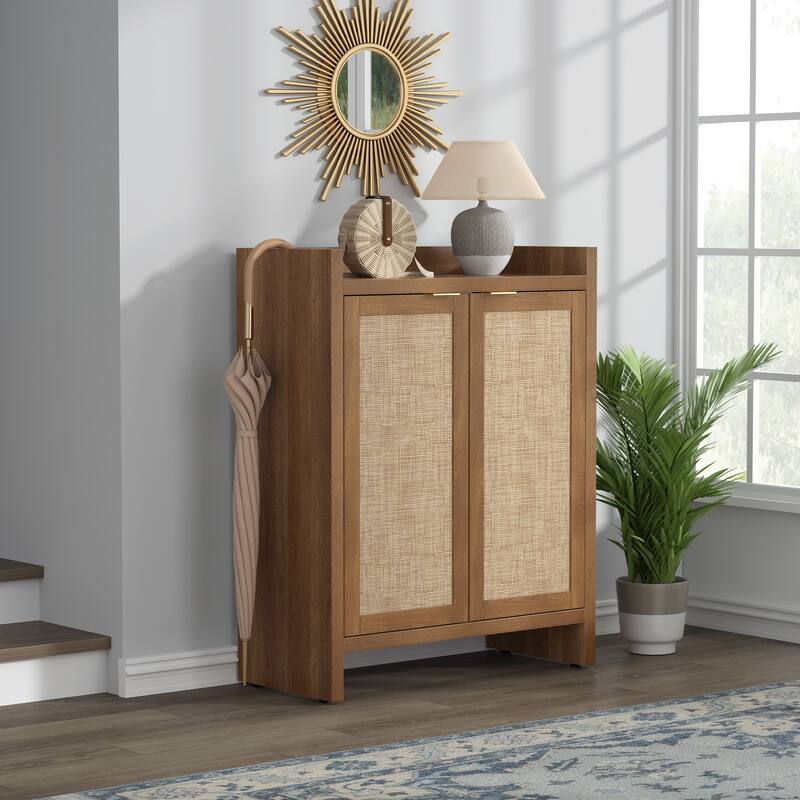 SICOTAS Rattan Shoe Cabinet for Entryway, 6-Tier Shoe Rack with Doors and Adjustable Shelves