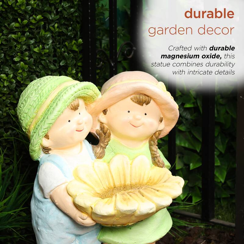 Boy and Girl Statue Holding Sunflower Birdbath