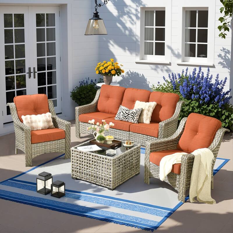 HOOOOWOOO 5-piece Wicker Rattan Patio Outdoor Furniture Ergonomic Conversation Set with Coffee Table - Red/Orange