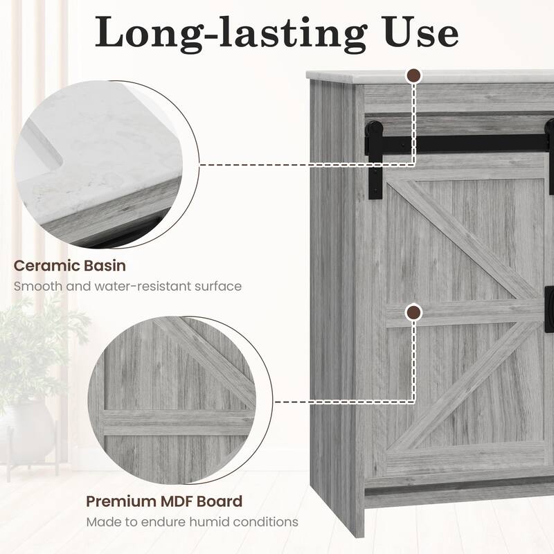 EROMMY Farmhouse Bathroom Vanity with Ceramic Top and Sliding Barn Door Sink Cabinet, Rustic Single Sink Vanity