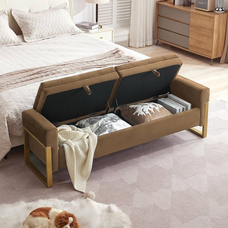 66" Storage Bench King Size End of Bed with Double Lids and Gold Legs