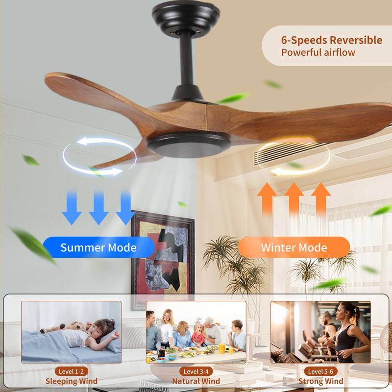 36" Wood Ceiling Fan NO light, 3 Reversible Blades, with 6 Speeds Reversible DC Motor, Low Profile Ceiling Fan with no light