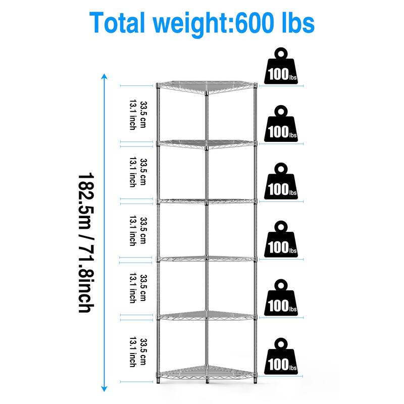 6-Tier Adjustable Wire Corner Shelf Rack for Display and Storage in Living Spaces