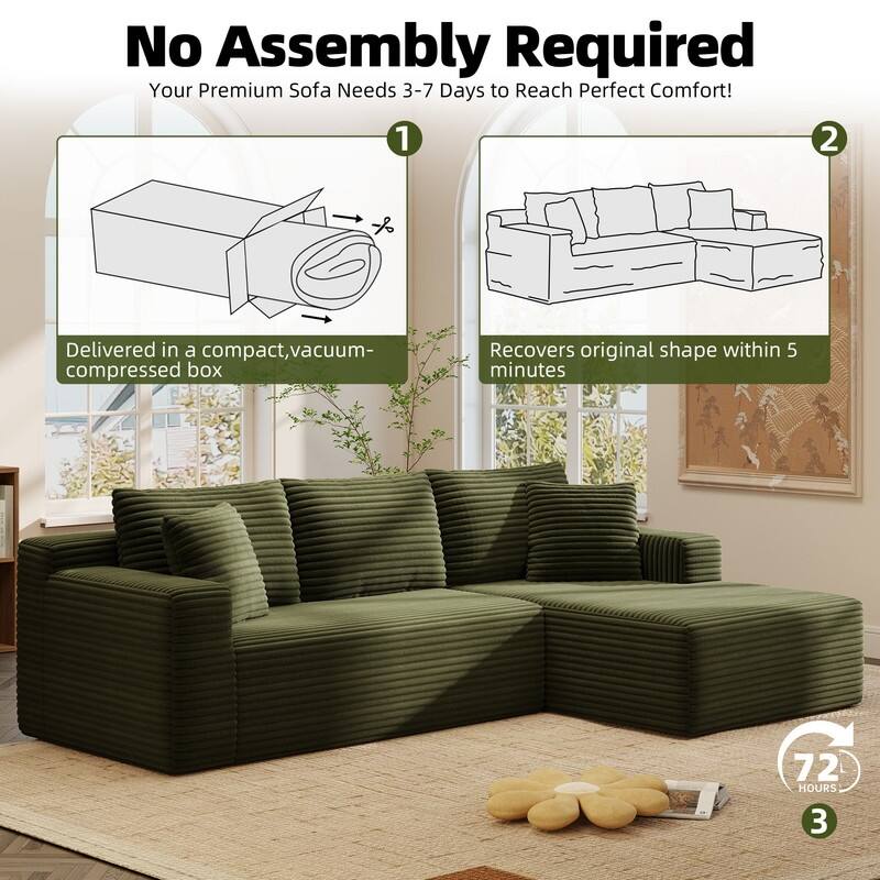 Rossetta L-Shaped Modular Cloud Corduroy Sectional Sofa with Deep Seat, Left Facing