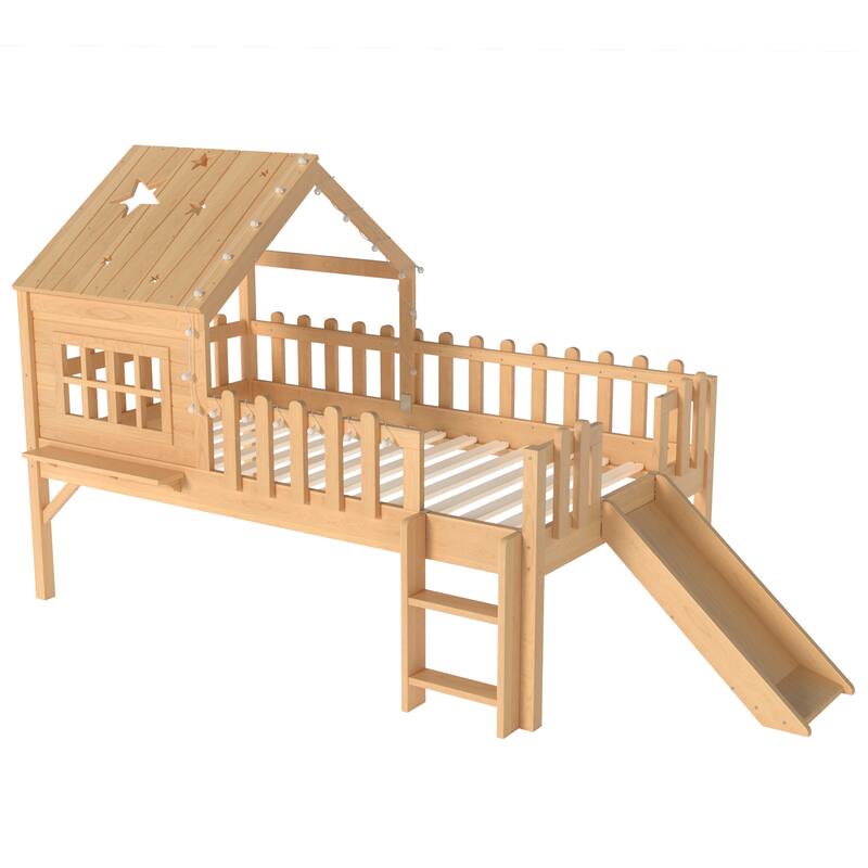 Twin Size House Loft Bed with Slide,Playhouse Bed with Star Moon-shaped Designs and Window, Chic Design with LED Lights