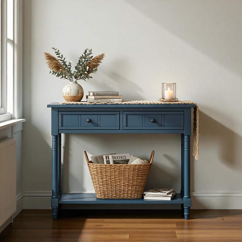 Daisy Series Traditional Console Table with 2 Drawers and Bottom Shelf, Solid Pine Wood Entryway Accent Table