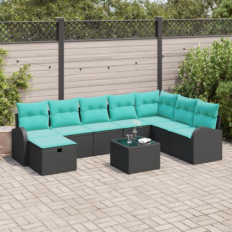 vidaXL 8/9 Garden Sofa Set with Cushions Black/Brown/Grey Poly Rattan - 113.8 x 70.5 x 27.2 - Black with table