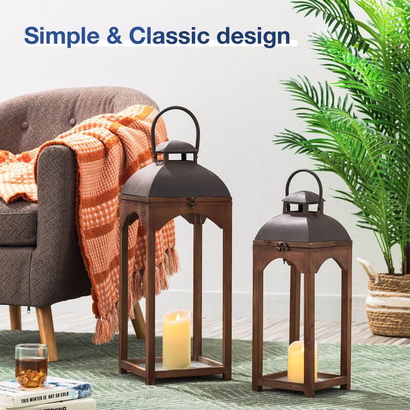 Glitzhome Set of 2 Farmhouse Church Style Hanging Candle Holders Wooden Lanterns Fall Wedding Decor