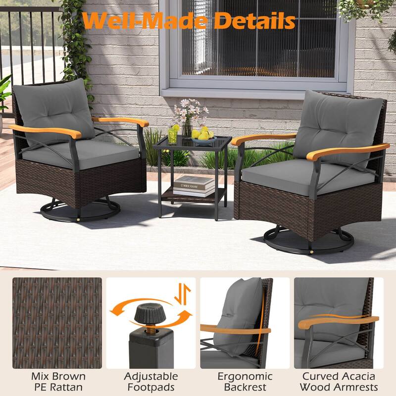 Costway 3 PCS Outdoor Swivel Chair Set with 2-Tier Tempered Glass Side - See Details