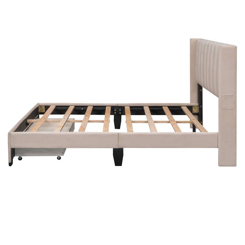 Queen Size Storage Bed Velvet Upholstered Platform Bed with a Big Drawer
