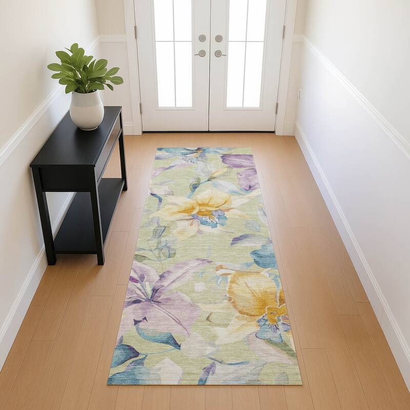 Machine Washable Indoor/ Outdoor Modern Floral Chantille Rug